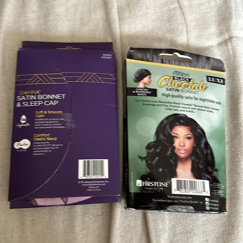 Donna & Luxe Satin Sleep Bonnets Set Black Animal Print & Lavender Floral Caps